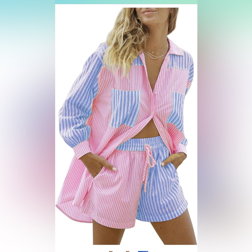 Shirt and shorts set pink white blue stripe preppy Ralph
